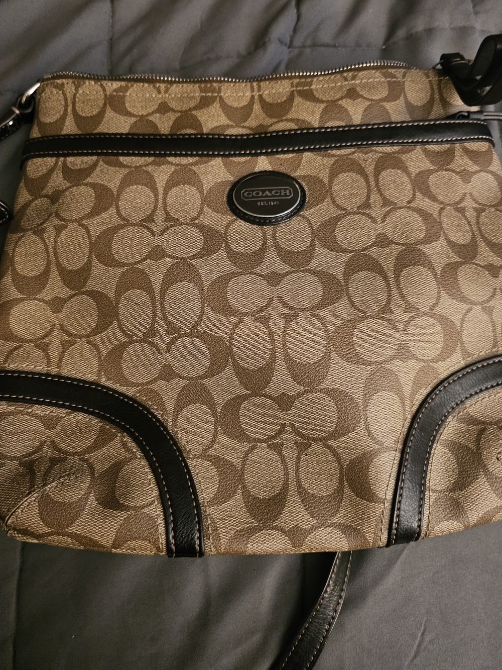 Coach Brown Signature Canvas Crossbody with Black Trim